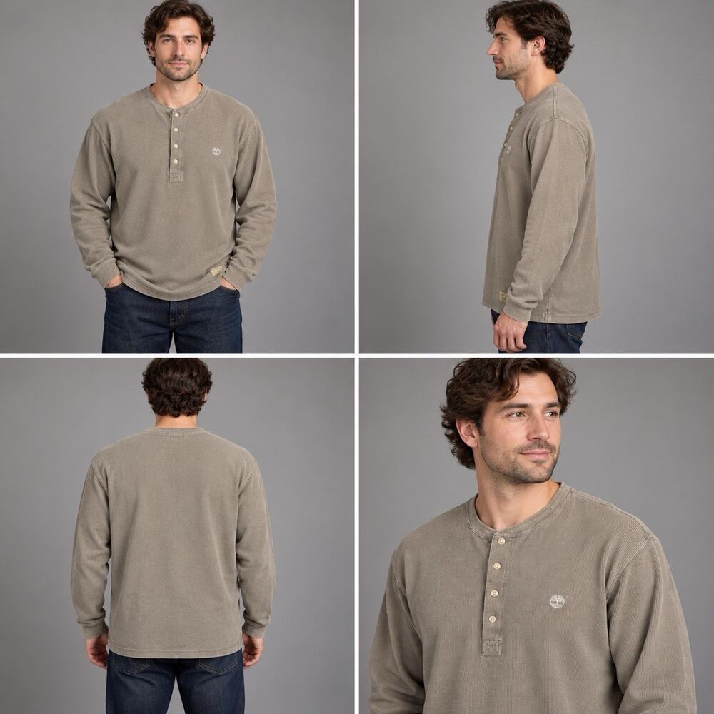 Timberland Weathergear Henley Shirt Mens XL Tan Waffle Knit Long Sleeve